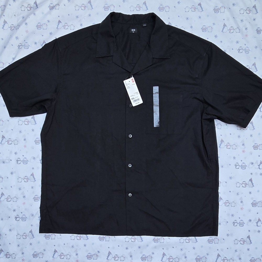 Uni Qlo Open Collar Short Sleeve Shirt Front Pocket Black